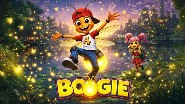 BOOGIE key art, an animated lightning bug in a red cap with wings and a glowing tail, dancing over a firefly-lit pond above the BOOGIE title