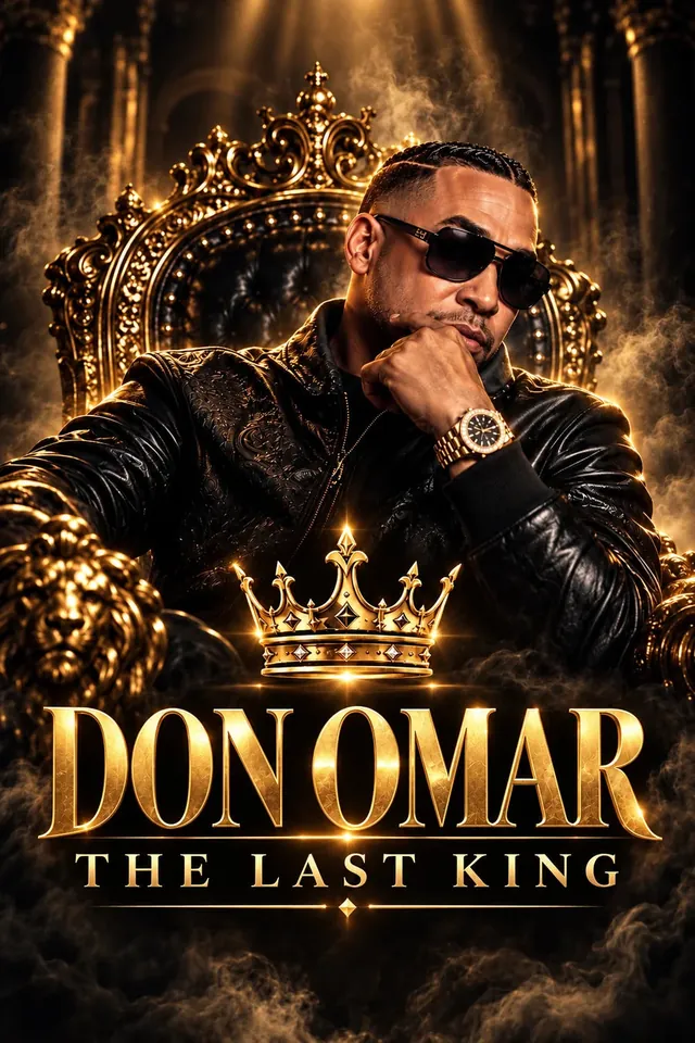 The Last King key art, Don Omar seated on a gold throne in sunglasses, with a gold crown and title lettering